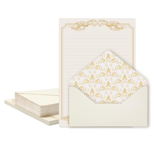 XXINMOH Vintage-Stil Briefpapier-Set mit 90 Stück (60 Blatt + 30 Umschläge), Goldrand, A5, Papier von XXINMOH