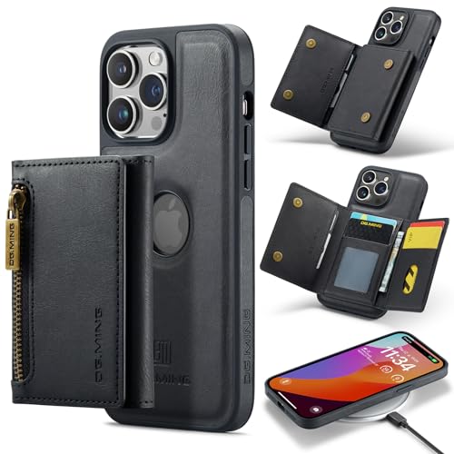 XYAJUANG Kompatibel mit iPhone 14 Pro Max (16,7 cm), das Upgrade 2-in-1 abnehmbare Rückabdeckung und faltbare Lederhüllen, Logo sichtbar, unterstützt kabelloses Laden (schwarz) von XYAJUANG
