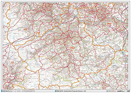 Huddersfield HD-Wandkarte, Postleitzahl, kunststoffbeschichtet von XYZ Maps