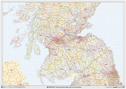 Südschottland – Postleitzahl District Wandkarte Papier von XYZ Maps