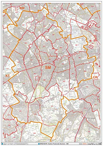 Sutton Wandkarte, Postleitzahl, kunststoffbeschichtet von XYZ Maps