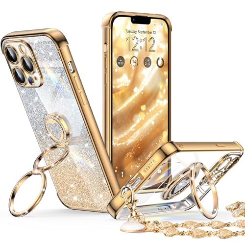 XYZ Schutzhülle für iPhone 12 Pro Max mit Ständer, Handyhülle mit Doppelring-Ständer, für Damen und Mädchen, glitzernd, transparent, Herzform, goldfarben von XYZ