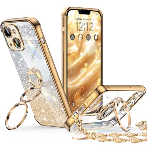 XYZ Schutzhülle für iPhone 13 Mini mit Ständer, Handyhülle mit Doppelring-Ständer, für Damen und Mädchen, glitzernd, transparent, Herzform, goldfarben von XYZ