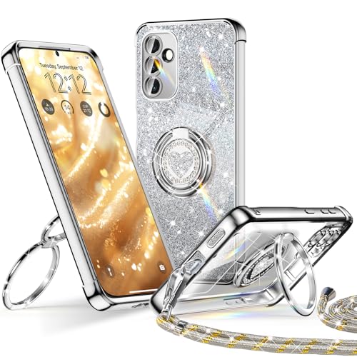 XYZ für Samsung Galaxy A54 5G Hülle mit Band, Herzen Doppelring Ständer Luxus Glitzer HandyHülle Kameraschutz, Frauen Stoßfest Elektroplattiert Soft TPU SchutzHülle Clear Samsung A54 5G Case,Silber XYZ für Samsung Galaxy A54 5G Hülle mit Band, Herzen Doppelring Ständer Luxus Glitzer HandyHülle Kameraschutz, Frauen Stoßfest Elektroplattiert Soft TPU SchutzHülle Clear Samsung A54 5G Case,Silber von XYZ