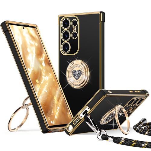 XYZ für Samsung Galaxy S22 Ultra Hülle mit Band, Herz Doppelring Ständer HandyHülle Handykette Frauen Mädchen Dünn Stoßfeste Anti-Kratzt SchutzHülle für Samsung S22 Ultra Case, Schwarz von XYZ