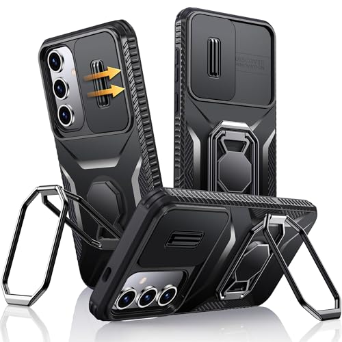 XYZ für Samsung Galaxy S24 FE Hülle mit Schiebekamera Abdeckung, Handyhülle Doppelring Ständer, Schwerlast Stoßfestes Robustes Stoßfänger SchutzHülle Samsung S24 FE Case - Schwarz von XYZ