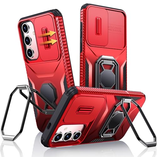 XYZ für Samsung Galaxy S24 Hülle mit Schiebekamera Abdeckung, Handyhülle Doppelring Ständer, Schwerlast Stoßfestes Robustes Stoßfänger SchutzHülle Samsung S24 Case - Rot von XYZ