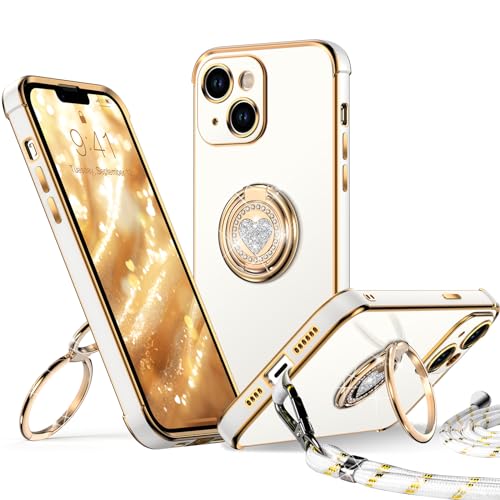 XYZ für iPhone 14 Hülle mit Band, Herz Doppelring Ständer HandyHülle Handykette Frauen Mädchen Dünn Stoßfeste Anti-Kratzt SchutzHülle für iPhone 14 Case, Weiß XYZ für iPhone 14 Hülle mit Band, Herz Doppelring Ständer HandyHülle Handykette Frauen Mädchen Dünn Stoßfeste Anti-Kratzt SchutzHülle für iPhone 14 Case, Weiß von XYZ