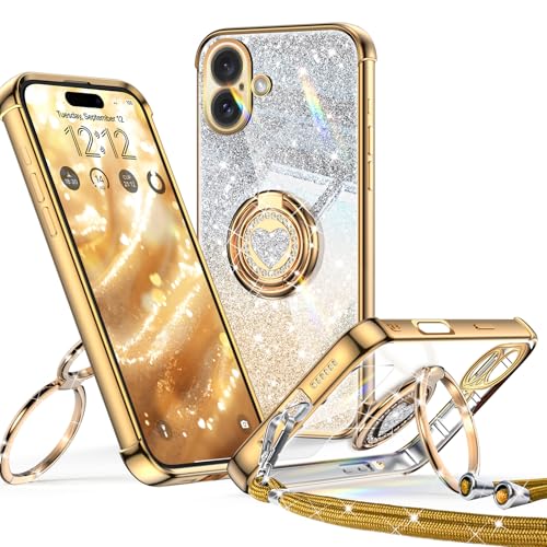 XYZ für iPhone 16 Hülle mit Band, Herzen Doppelring Ständer Luxus Glitzer HandyHülle Kameraschutz, Frauen Stoßfest Elektroplattiert Soft TPU SchutzHülle Clear iPhone 16 Case - Gold XYZ für iPhone 16 Hülle mit Band, Herzen Doppelring Ständer Luxus Glitzer HandyHülle Kameraschutz, Frauen Stoßfest Elektroplattiert Soft TPU SchutzHülle Clear iPhone 16 Case - Gold von XYZ
