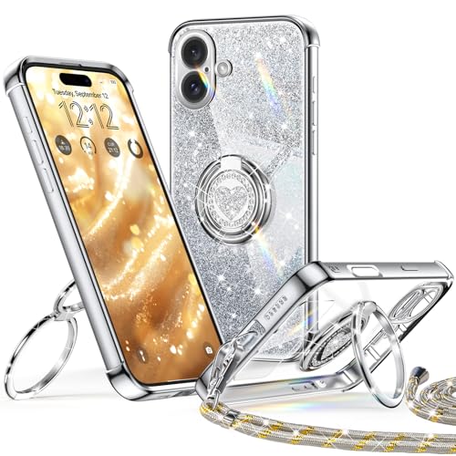 XYZ für iPhone 16 Hülle mit Band, Herzen Doppelring Ständer Luxus Glitzer HandyHülle Kameraschutz, Frauen Stoßfest Elektroplattiert Soft TPU SchutzHülle Clear iPhone 16 Case - Silber XYZ für iPhone 16 Hülle mit Band, Herzen Doppelring Ständer Luxus Glitzer HandyHülle Kameraschutz, Frauen Stoßfest Elektroplattiert Soft TPU SchutzHülle Clear iPhone 16 Case - Silber von XYZ