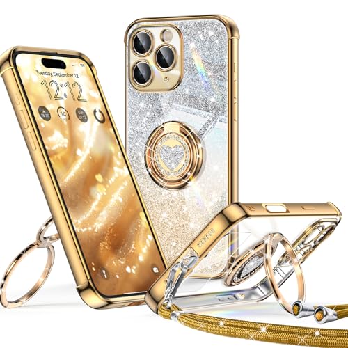 XYZ für iPhone 16 Pro Hülle mit Band, Herzen Doppelring Ständer Luxus Glitzer HandyHülle Kameraschutz, Frauen Stoßfest Elektroplattiert Soft TPU SchutzHülle Clear iPhone 16 Pro Case,Gold von XYZ