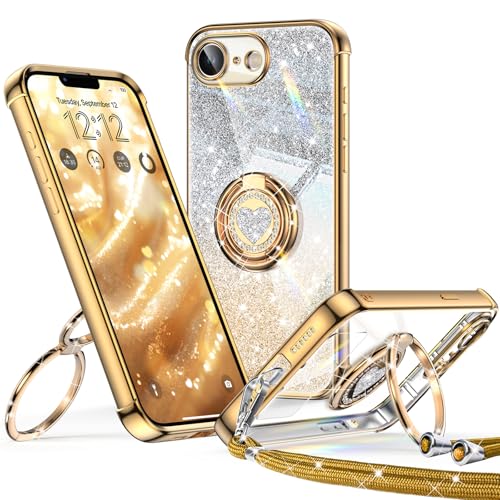 XYZ für iPhone 16E Hülle mit Band, Herzen Doppelring Ständer Luxus Glitzer HandyHülle Kameraschutz, Frauen Stoßfest Elektroplattiert Soft TPU SchutzHülle Clear iPhone 16E Case,Gold XYZ für iPhone 16E Hülle mit Band, Herzen Doppelring Ständer Luxus Glitzer HandyHülle Kameraschutz, Frauen Stoßfest Elektroplattiert Soft TPU SchutzHülle Clear iPhone 16E Case,Gold von XYZ