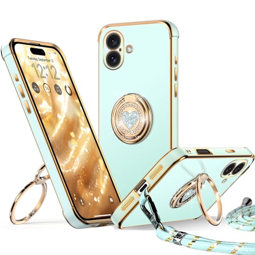 XYZ für iPhone 16 Plus Hülle mit Band, Herz Doppelring Ständer HandyHülle Handykette Frauen Mädchen Dünn Stoßfeste Anti-Kratzt SchutzHülle für iPhone 16 Plus Case - Grün XYZ für iPhone 16 Plus Hülle mit Band, Herz Doppelring Ständer HandyHülle Handykette Frauen Mädchen Dünn Stoßfeste Anti-Kratzt SchutzHülle für iPhone 16 Plus Case - Grün von XYZ