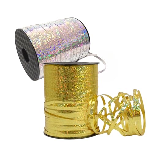Glitzer-Ringelband, 914 m, gelockte Bänder, 0,6 cm breit, Geschenkverpackungsband, Party-Dekorationen, Zubehör für Hochzeit, Geburtstag, Weihnachten (Silber, Gold) von XZJMY
