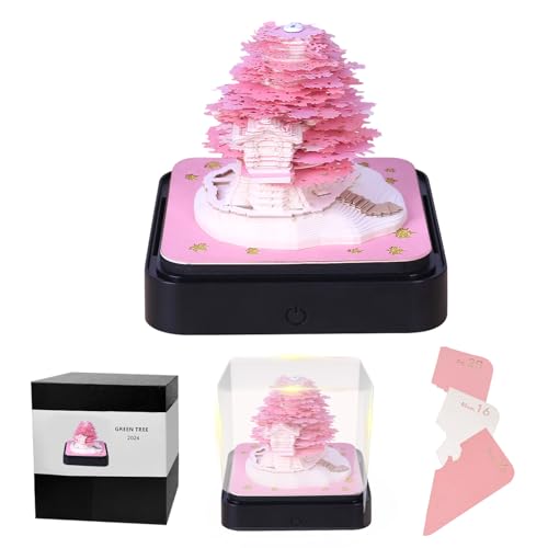 Xadothat 3D-Memo- und Rubbelblöcke, Kalender 2024, Sakura-Baum, 3D-Kunst-Memoblock mit Lichtern, Zeitmesser, Kalender, DIY, Schnitzkunst, Notizblock (Rosa) SWMRL-01 von Xadothat