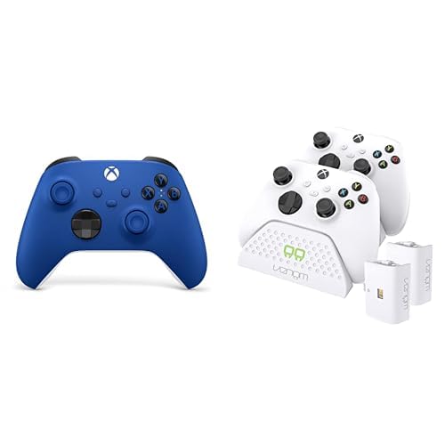Xbox Wireless Controller Shock Blue+Venom Twin-Ladestation mit 2 x wiederaufladbaren Akkupacks – Weiß Series X & S One von Xbox