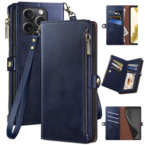 Kompatibel mit iPhone 14 Pro 15,5 cm (6,1 Zoll), Brieftaschen-Schutzhülle mit Reißverschluss, Kreditkartenhalter, RFID-Blockierung, PU-Leder, stoßfest, für Damen und Herren, Dunkelblau von XcaseBar