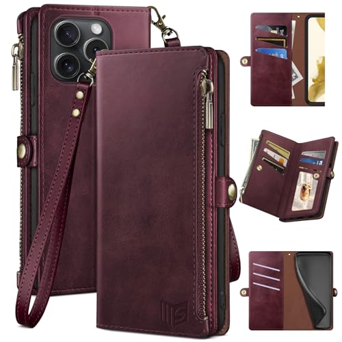 Kompatibel mit iPhone 14 Pro 15,5 cm (6,1 Zoll), Brieftaschen-Schutzhülle mit Reißverschluss, Kreditkartenhalter, RFID-Blockierung, PU-Leder, stoßfest, für Damen und Herren, Dunkelweinrot von XcaseBar