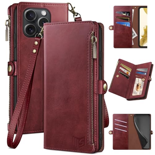 Kompatibel mit iPhone 14 Pro 15,5 cm (6,1 Zoll), Brieftaschen-Schutzhülle mit Reißverschluss, Kreditkartenhalter, RFID-Blockierung, PU-Leder, stoßfest, für Damen und Herren, Rot von XcaseBar