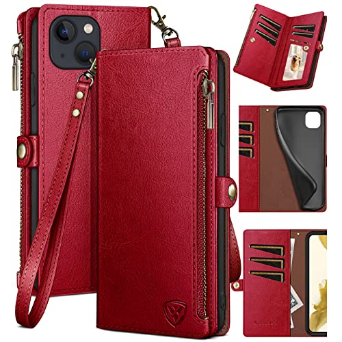 XcaseBar Design für iPhone 15 Plus 6,7 Zoll Wallet Case mit Reißverschluss Kreditkartenhalter 【RFID】, Flip Folio Book PU Leder Handyhülle Stoßfest Cover Damen Herren für Apple 15 Plus Hülle Rot von XcaseBar