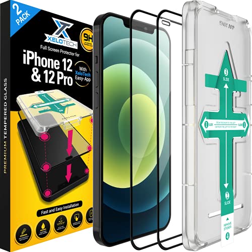XeloTech 2X 3D Full Screen Schutzglas für iPhone 12 & 12 PRO (6.1"), Komplett aus Glas, Installation in 30 Sekunden mit Easy-Schablone, Panzerglasfolie, Displayschutzfolie, Panzerfolie von XeloTech
