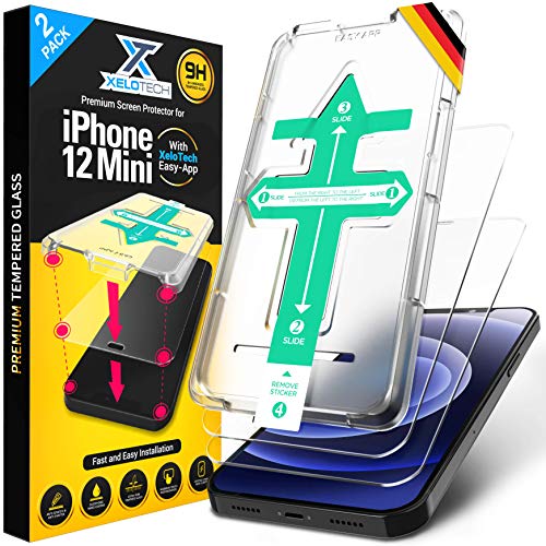 XeloTech [2x Stück] Schutzglas für iPhone 12 MINI 5.4 Zoll, Komplettabdeckung nur mit Glas, Full Cover Schutz mit Schablone, Panzerglasfolie, Displayschutzfolie, Panzerfolie, Glas Folie von XeloTech