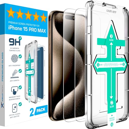 XeloTech Schutzglas für iPhone 15 Pro Max OHNE schwarzen Rand, komplett Transparent, Schutzfolie aus hartem Premium Glas, 2 Stück, mit bewährter Schablone-Installationshilfe von XeloTech