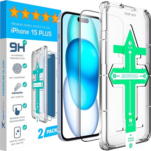 XeloTech Schutzglas für iPhone 15 Plus, Schutzfolie aus hartem Premium Glas, 2 Stück, mit bewährter Schablone-Installationshilfe, Panzerfolie (3D Ultra Transparent) von XeloTech