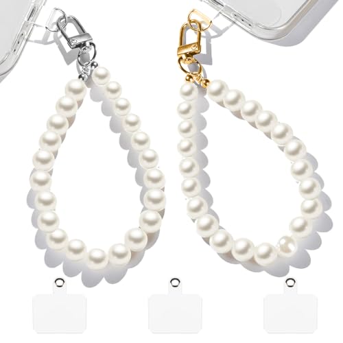 Xerteam 2 Stück Handykette Universal, Handy-Kette Perlen mit 3 Weißen Einsätzen, Handykette kurz Handgelenk, Perlen für Handykette, Handy-Anhänger mit den Meisten Smartphones (Beige Perlen 8mm) von Xerteam