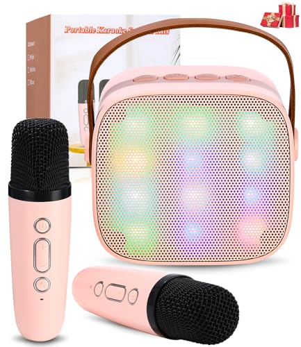 Karaoke Maschine mit 2 Drahtlosen Mikrofonen, Tragbares Bluetooth Karaoke Maschine für Kinder Erwachsene mit Stimme wechselnde Effekte LED-Lichter Jungen Mädchen Geschenke Heimparty (Rosa) von Xespis