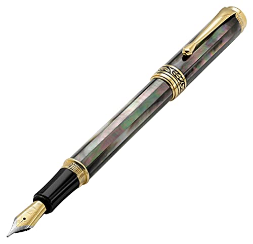 Xezo Maestro Fountain Pen, Medium Nib. Handcrafted from Oceanic Tahitian Black Mother of Pearl. 18-Karat Gold Plated. Serialized, Iridescent, No Two Alike von Xezo