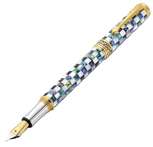 Xezo Maestro Jubilee Fountain Pen, Fine Nib. Checkered Oceanic White Mother of Pearl and Iridescent Pāua Abalone Shell. 18 Karat Gold Layered. Limited Edition, Only 223 Pieces Made. No Two Pens Alike von Xezo
