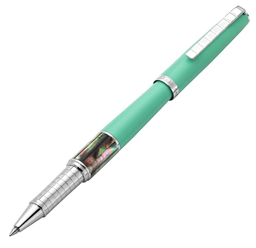 Xezo Speed Master Fine Rollerball Pen. Matte Aqua Green with Tahitian Black Mother of Pearl. Chrome Plated. Lightweight Brass Body. No Two Alike von Xezo
