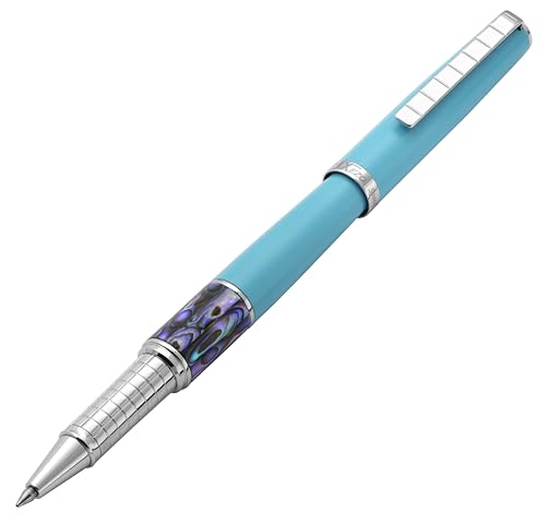 Xezo Speed Master Tintenroller Fine | Himmelblau matt mit Pāua Abalone Muschel | Verchromt | Leichter Messingkörper | Jedes Unikat von Xezo