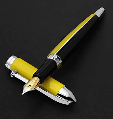 Xezo Visionary Medium Brass and Aluminum Fountain Pen, Hand Lacquered in Speed Yellow and Black Color. Numbered Limited Edition of 500. Classic Art Deco Color Disposition, Retrofuturistic Body Style von Xezo