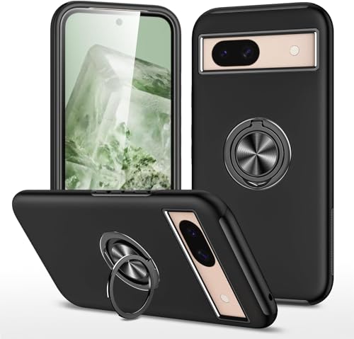XiJiefa Hülle für Google Pixel 8a Hülle 360° magnetischer drehbarer Ringhalter, weiche Silikon-Schutzhülle, stoßfeste TPU+PC Handyhülle Google Pixel 8a Case Cover（Schwarz） von XiJiefa