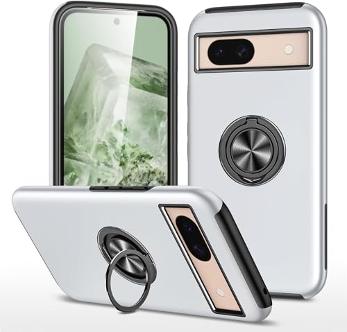 XiJiefa Hülle für Google Pixel 8a Hülle 360° magnetischer drehbarer Ringhalter, weiche Silikon-Schutzhülle, stoßfeste TPU+PC Handyhülle Google Pixel 8a Case Cover（Silber） von XiJiefa