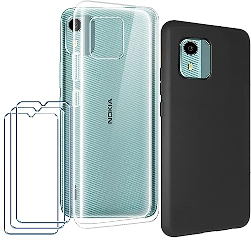 Handyhülle für Nokia C12 Hülle 1* Transparent + 1* Schwarz Case + 3 X Panzerglas Schutzfolien Gehärtetem Glas Filmschutz - Silikon Soft Fall TPU Leichte Protection Cover (6.5") von Xiangyun