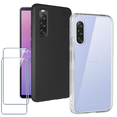 Xiangyun Handyhülle für Sony Xperia 10 V 5G Hülle 1* Transparent + 1* Schwarz Case + 2 X Gehärtetem Glas Filmschutz Schutzfolien - Silikon Soft Fall TPU Leichte Protection Cover (6.1") von Xiangyun