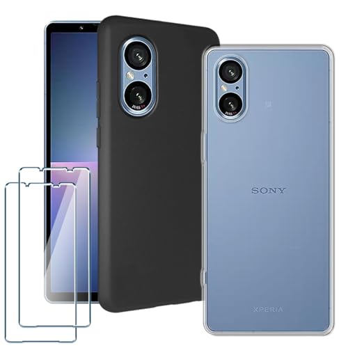 Xiangyun Handyhülle für Sony Xperia 5 V 5G Hülle 1* Transparent Hülle + 1* Schwarz Case + 2 X Gehärtetem Glas Filmschutz Schutzfolien - Silikon Soft Fall TPU Leichte Protection Cover (6.1") von Xiangyun
