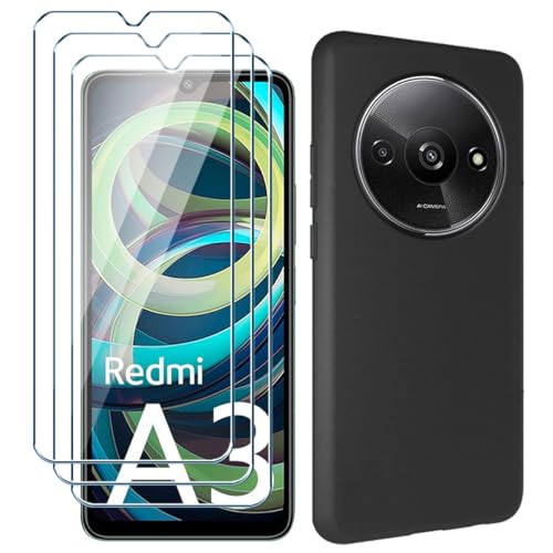 Xiangyun Handyhülle für Xiaomi Redmi A3 Hülle + 3 X Schutzfolie Panzerglas Gehärtetem Glas Filmschutz, Silikon Soft Schwarz Fall TPU Leichte Protection Case Cover (6.71") von Xiangyun