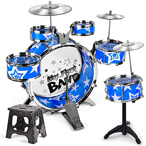XiaoXIN 6-teiliges Kinder-Schlagzeug-Set Schlagzeug-Set Jazz-Schlagzeug-Set mit klappbarem Tritthocker Becken Pedal Drumsticks Percussion Musikinstrument für Kinder Kinder Junior Anfänger von XiaoXIN