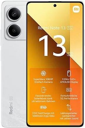 Xiaomi Redmi Note 13 5G. Bildschirmdiagonale: 16,9 cm (6.67), Display-Auflösung: 2400 x 1080 Pixel, Display-Typ: AMOLED. Prozessorfamilie: MediaTek Dimensity. RAM-Kapazität: 8 GB, RAM-Typ: LPDDR4X, Interne Speicherkapazität: 256 GB. Auflösung Rückkamera (numerisch): 100 MP, Rückkamera-Typ: Dual-Kamera. SIM-Kartensteckplätze: Dual-SIM. Akku-/Batteriekapazität: 5000 mAh. Produktfarbe: Weiß. Gewicht: 173,5 g (MZB0FPHEU) von Xiaomi