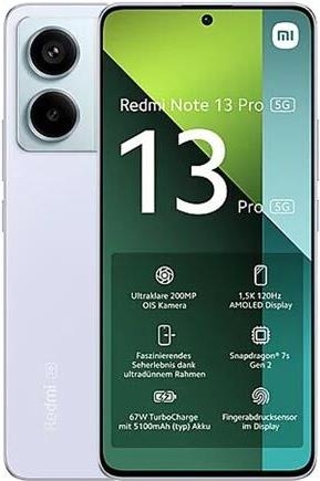 Xiaomi Redmi Note 13 Pro. Bildschirmdiagonale: 16,9 cm (6.67), Display-Auflösung: 2712 x 1220 Pixel. Prozessorfamilie: Qualcomm Snapdragon. RAM-Kapazität: 8 GB, Interne Speicherkapazität: 256 GB. Auflösung Rückkamera (numerisch): 200 MP, Rückkamera-Typ: Dreifach-Kamera. SIM-Kartensteckplätze: Dual-SIM. Akku-/Batteriekapazität: 5100 mAh. Produktfarbe: Violett. Gewicht: 187 g (MZB0FFVEU) - Sonderposten von Xiaomi