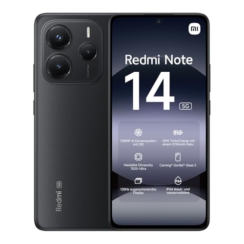 Xiaomi Redmi Note 14 5G Smartphone, 8 + 256GB, Black, 108MP AI-Kamerasystem, 5110mAh Akku, 120Hz Augenschutzdisplay, AI-Funktionen (kein Ladegerät enthalten) von Xiaomi