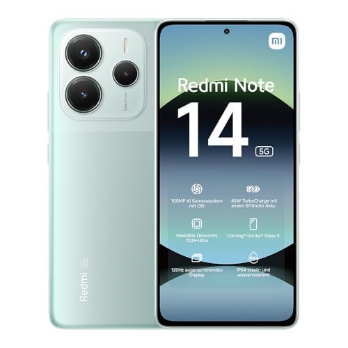 Xiaomi Redmi Note 14 5G Smartphone, 8 + 256GB, Green, 108MP AI-Kamerasystem, 5110mAh Akku, 120Hz Augenschutzdisplay, AI-Funktionen (kein Ladegerät enthalten) von Xiaomi