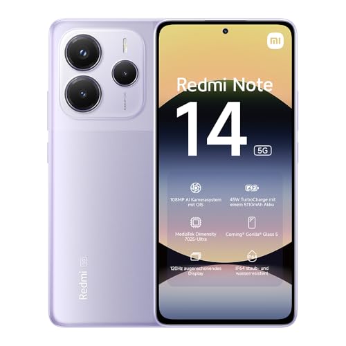 Xiaomi Redmi Note 14 5G Smartphone, 8 + 256GB, Purple, 108MP AI-Kamerasystem, 5110mAh Akku, 120Hz Augenschutzdisplay, AI-Funktionen (kein Ladegerät enthalten) von Xiaomi