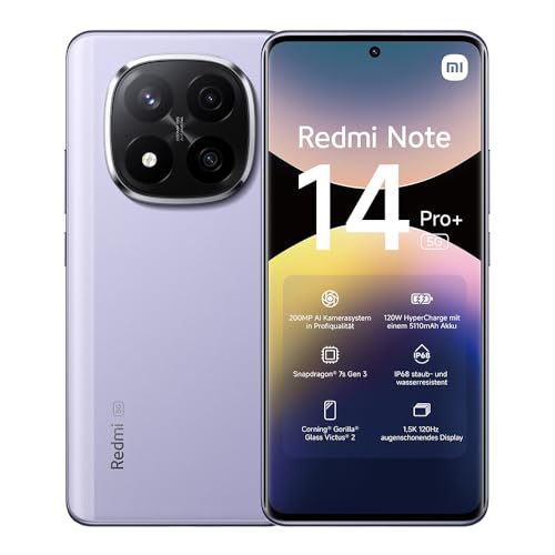 Xiaomi Redmi Note 14 Pro+ 5G Smartphone, 8 + 256GB, Purple, 200MP professionelle AI-Kamera, IP68, 120W HyperCharge, AI-Funktionen (kein Ladegerät enthalten) von Xiaomi