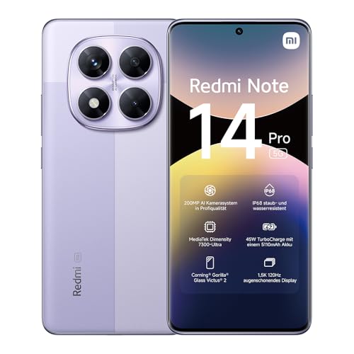 Xiaomi Redmi Note 14 Pro 5G Smartphone, 12 + 512GB, Purple, 200MP professionelle AI-Kamera, IP68, 45W TurboCharge mit 5110mAh Akku, AI-Funktionen (kein Ladegerät enthalten) von Xiaomi
