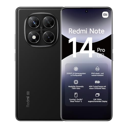 Xiaomi Redmi Note 14 Pro 5G Smartphone, 8 + 256GB, Black, 200MP professionelle AI-Kamera, IP68, 45W TurboCharge mit 5110mAh Akku, AI-Funktionen (kein Ladegerät enthalten) von Xiaomi